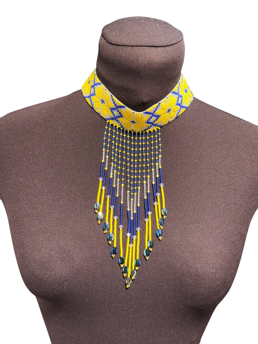 Handmade Beaded Choker Necklace Yellow 
Blue Bugle beads Fringe Boho Jewelry